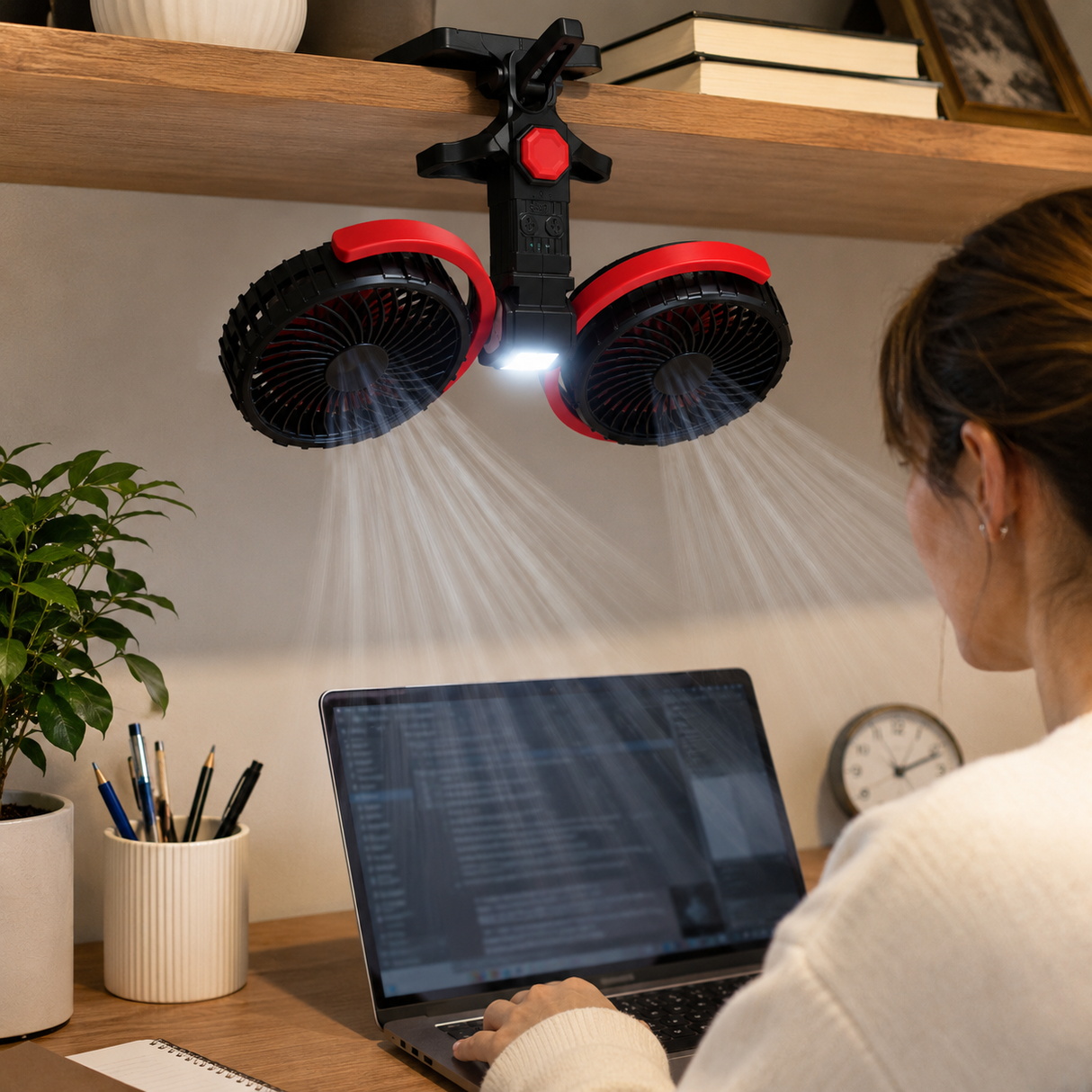 Rechargeable Clip On Fan with Dual Heads 6inch, LED Light & USB-C Charging