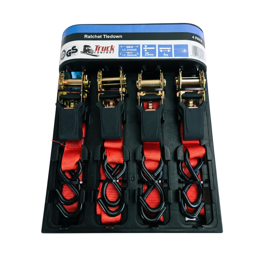 Ratchet straps for Secure Loads and Easy Tensioning 4m x 25mm, 4 Pack with S Hooks