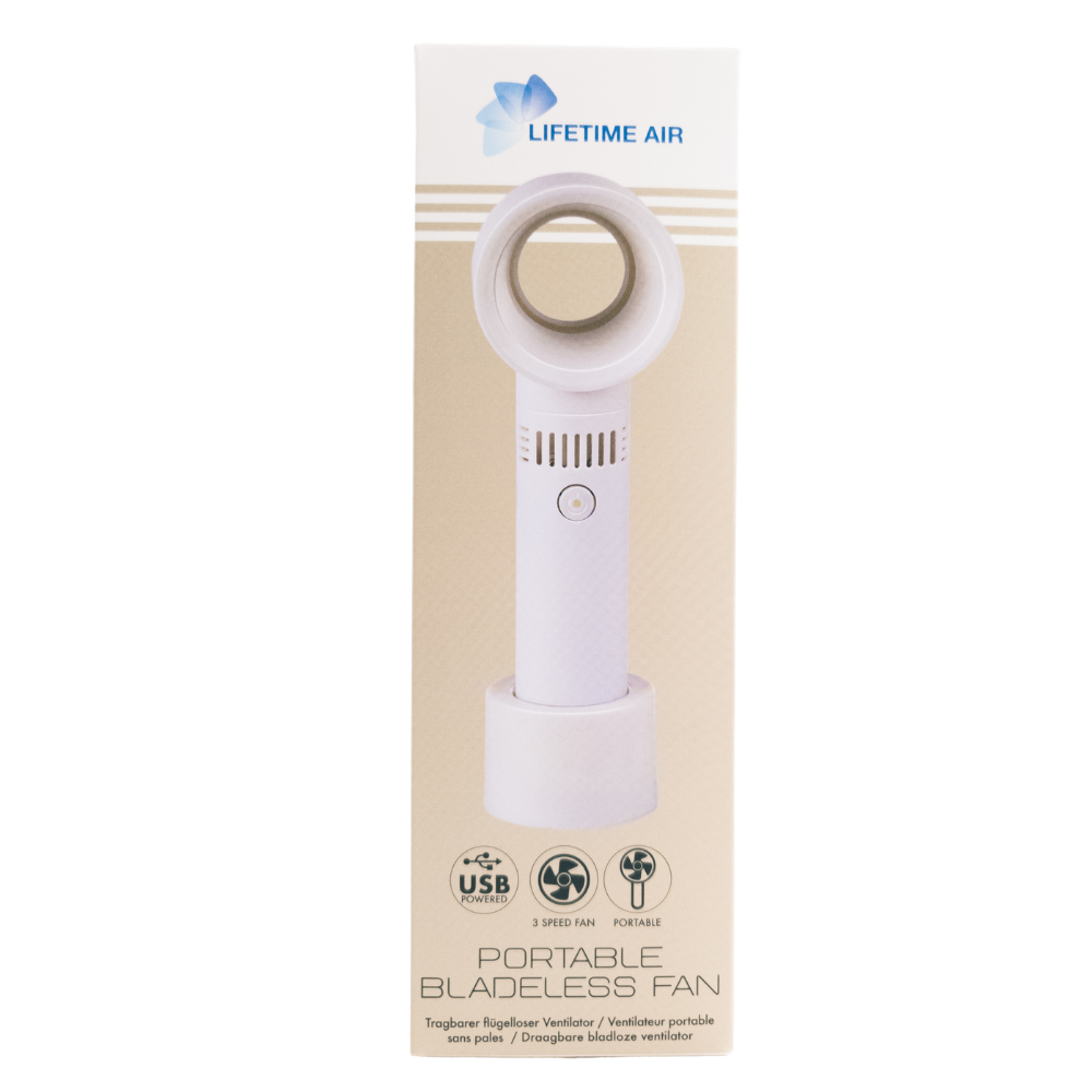 Portable handheld fan with bladeless cooling and usb charger, white