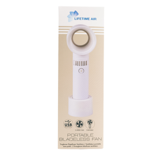 Portable handheld fan with bladeless cooling and usb charger, white