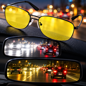 Night Driving Glasses with Yellow Lenses, Lightweight Metal Frame and Storage Pouch