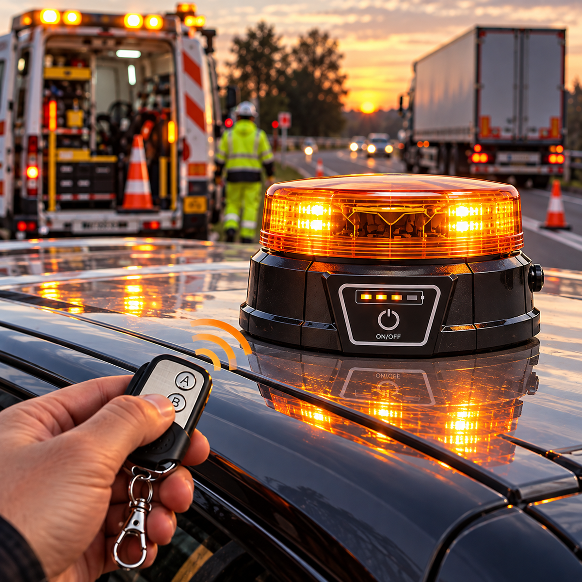 Amber flashing beacon ultra slim LED with remote control and rechargeable battery
