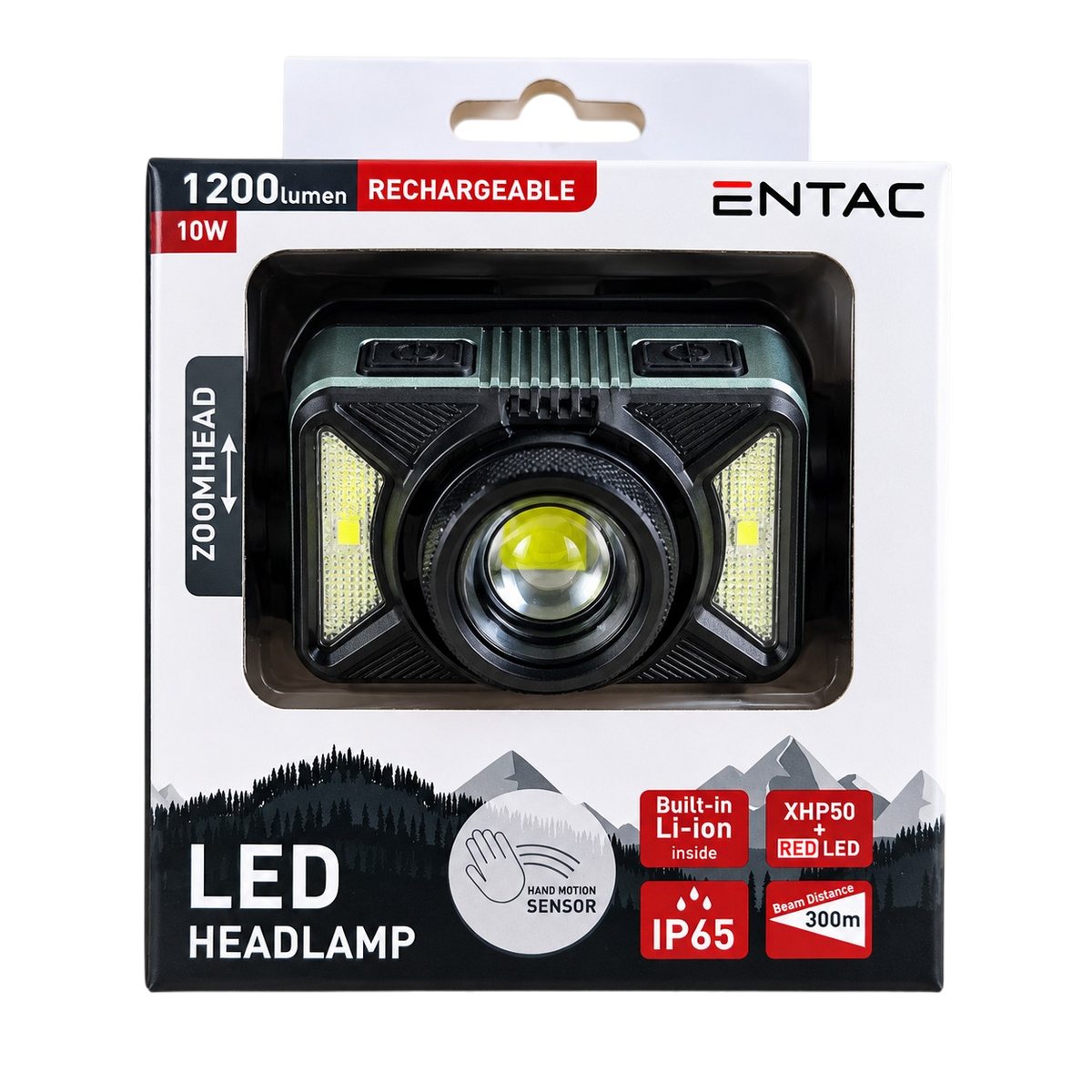 Rechargeable head torch light 1200 lumens with motion sensor