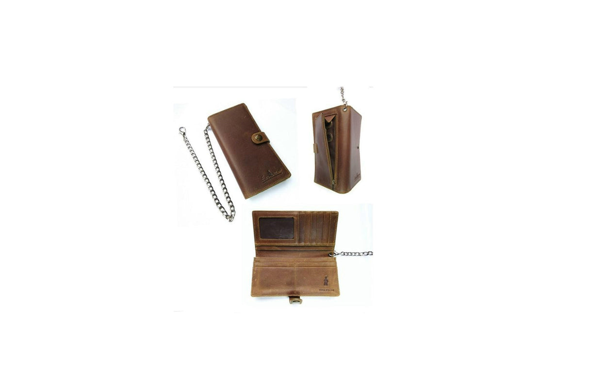 Vintage Brown Leather Wallet with Large Chain