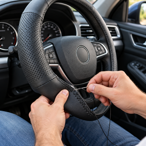 Leather Steering Wheel Cover 37–38 cm Black Faux Leather Sew On