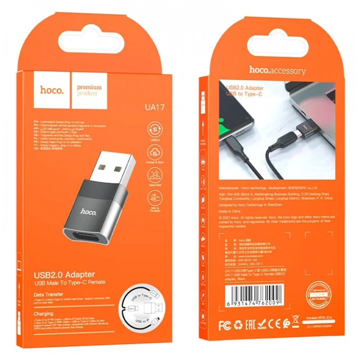 USB 2.0 na USB-C adaptér HOCO UA17, černý