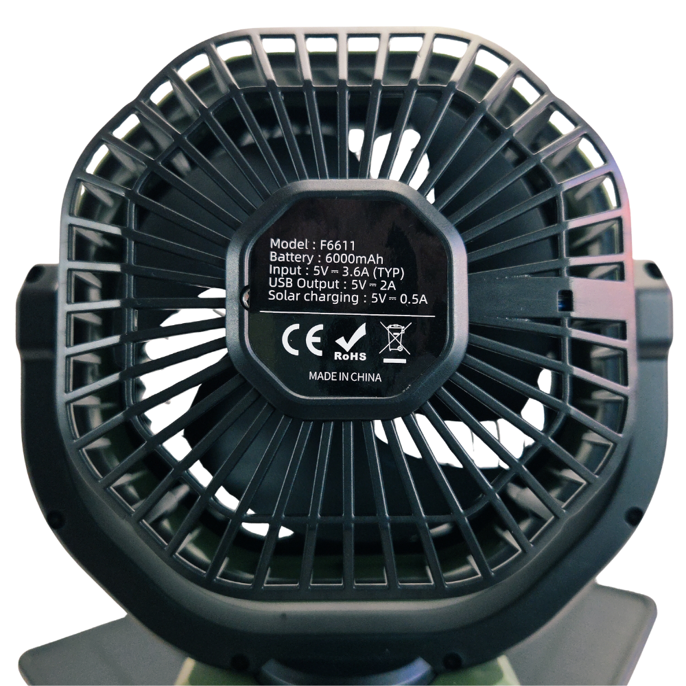 Portable Solar Fan with 6000mAh Battery, LED Camping Light, USB-C Charging & Power Bank