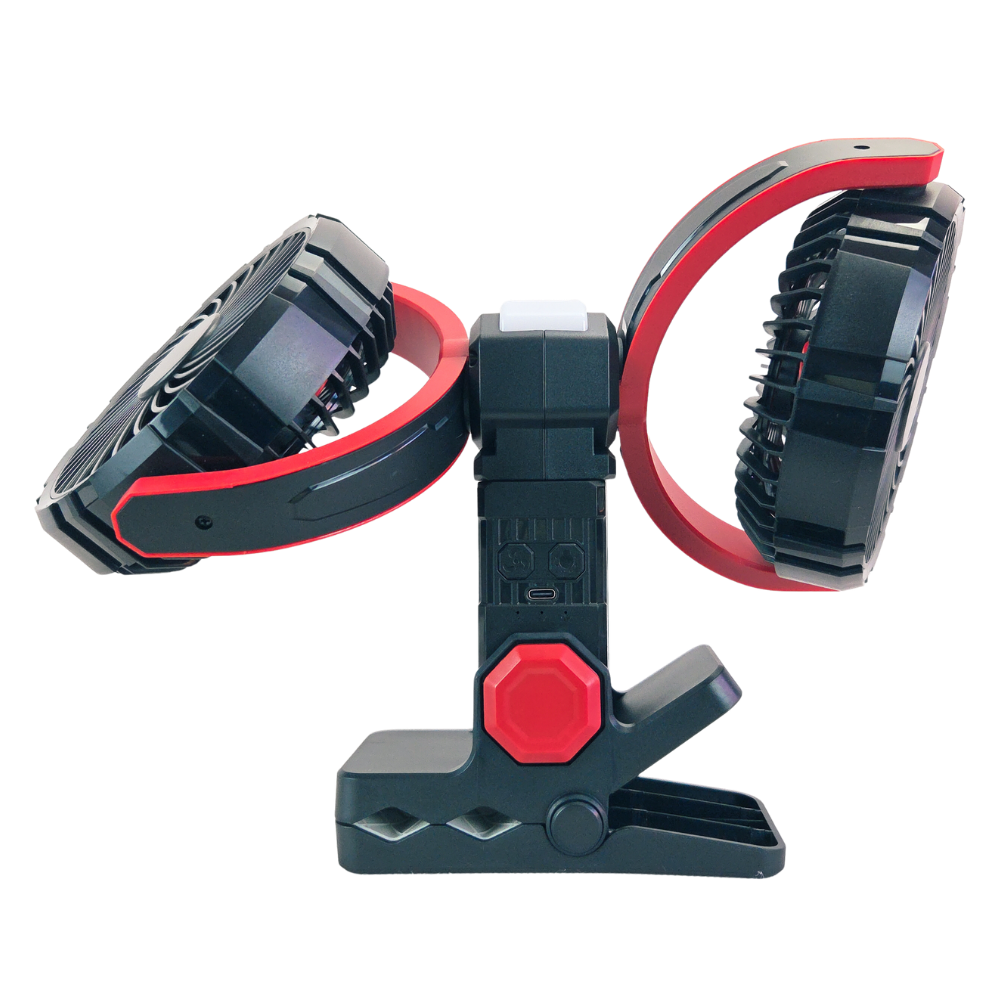 Rechargeable Clip On Fan with Dual Heads 6inch, LED Light & USB-C Charging