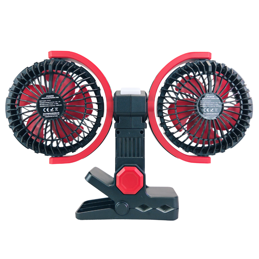 Rechargeable Clip On Fan with Dual Heads 6inch, LED Light & USB-C Charging