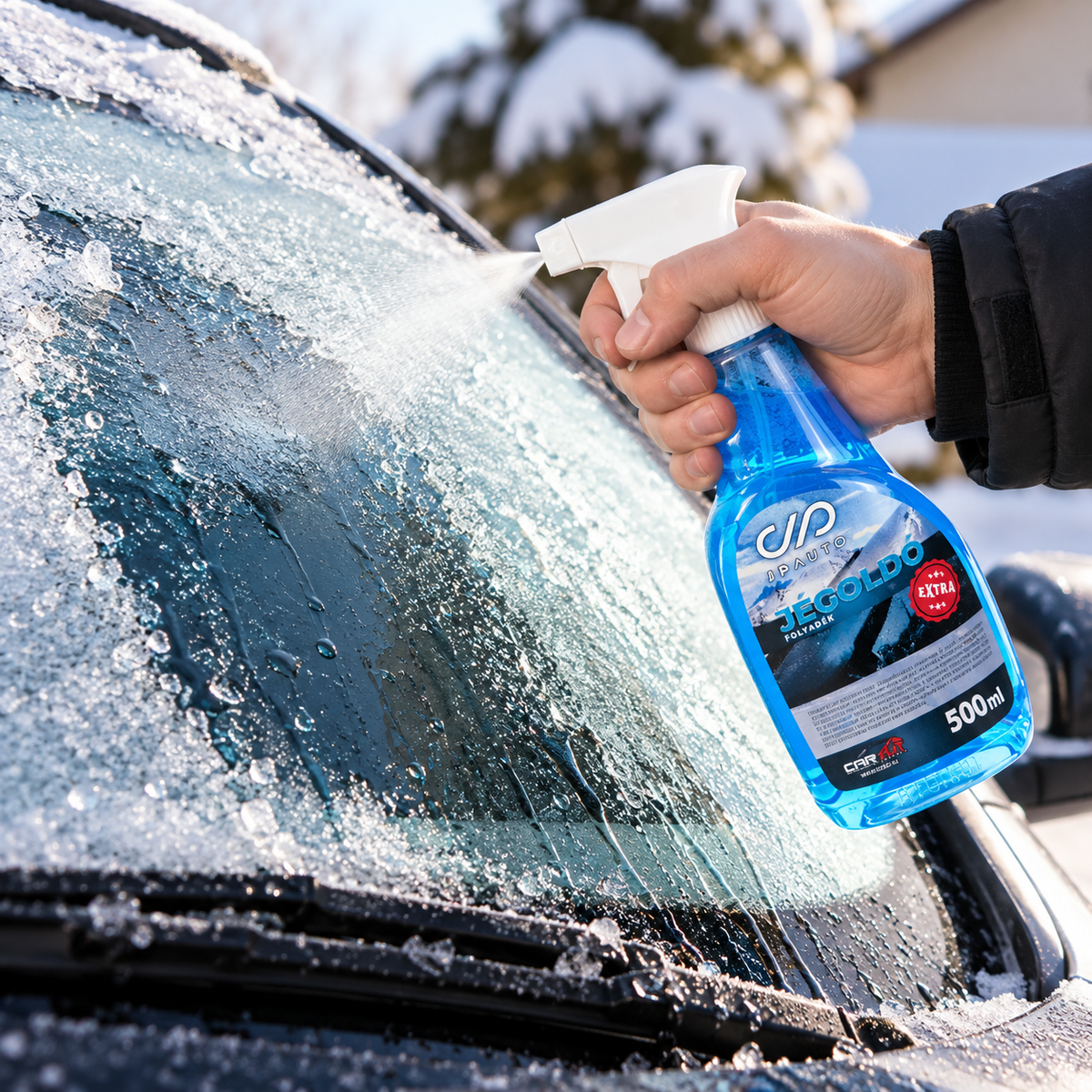 Scheibenenteiser Spray in der Hand vor einer vereisten Autoscheibe am Wintermorgen