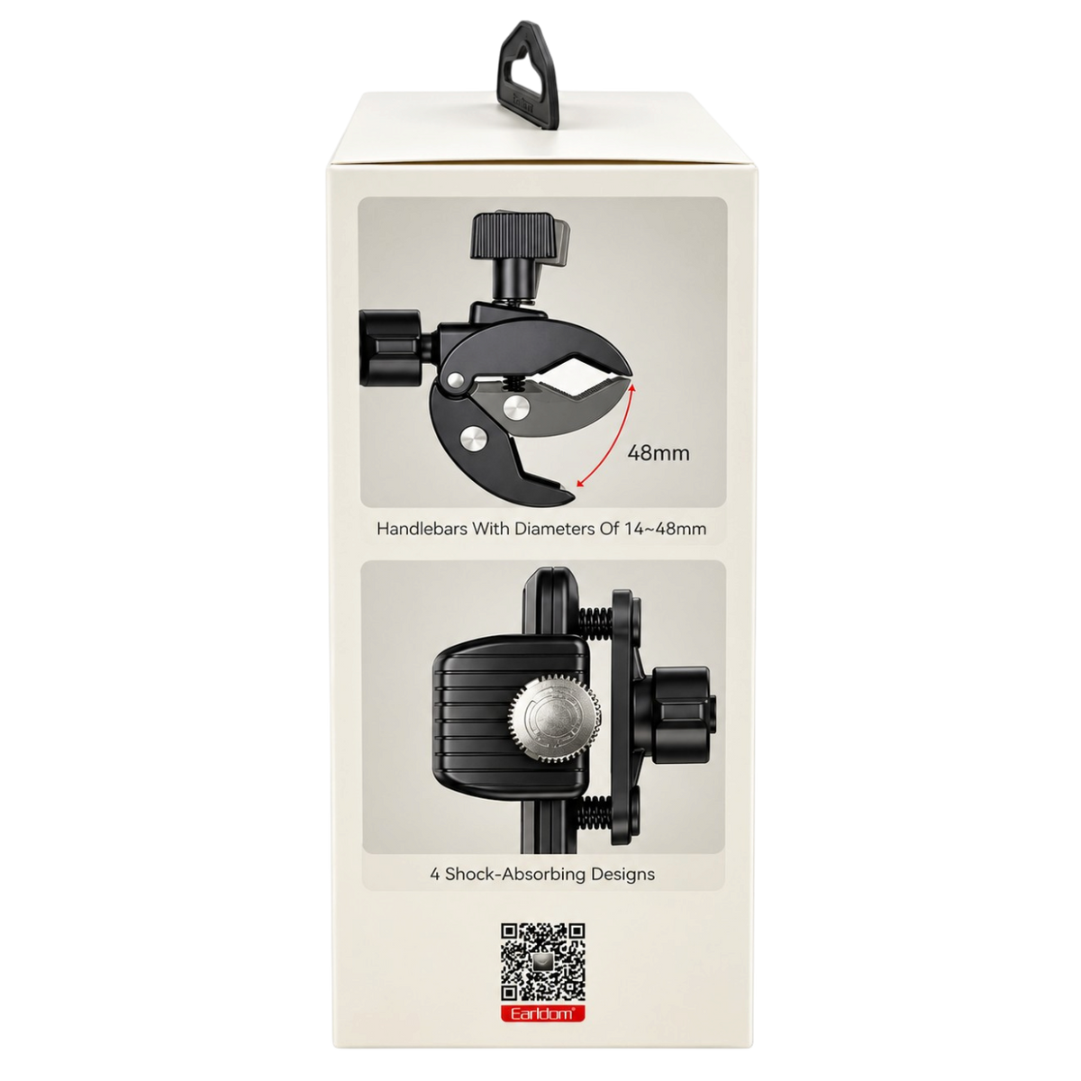 Handyhalterung Fahrrad, Verpackung Rückseite: für Lenker von 14–48 mm, 4 Dämpfungselemente